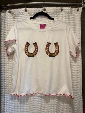 Queen of Sparkles Tee with Gold Sequin Horseshoes